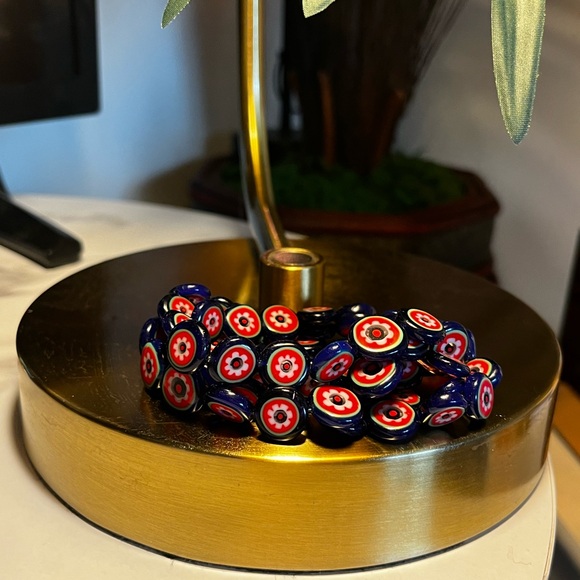 Vintage Millefiori Floral Bead Bracelet - Bold Red, White & Blue - Picture 2 of 3